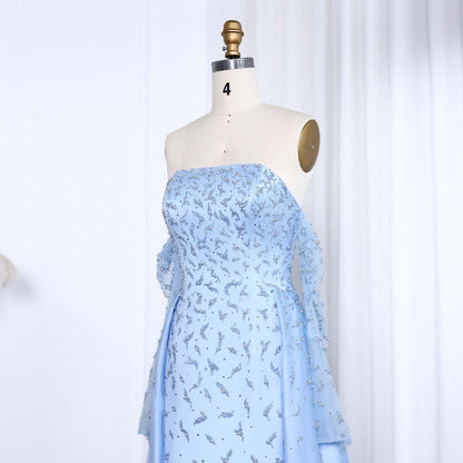 Luxury Silver Gray Evening Dress with Overskirt Sleeves