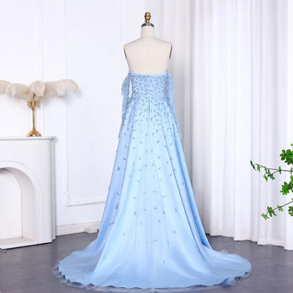 Luxury Silver Gray Evening Dress with Overskirt Sleeves