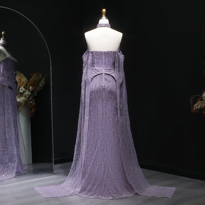 Stunning Gold Crystal Off Shoulder Evening Dress with Cape Sleeves