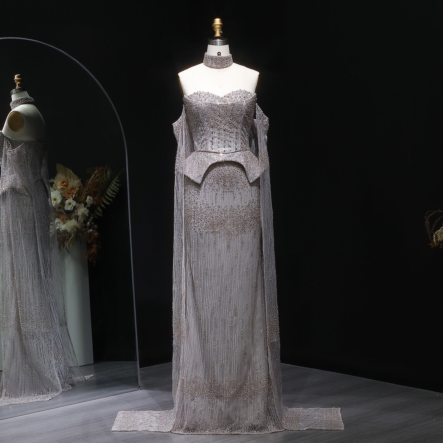 Stunning Gold Crystal Off Shoulder Evening Dress with Cape Sleeves
