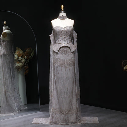 Stunning Gold Crystal Off Shoulder Evening Dress with Cape Sleeves