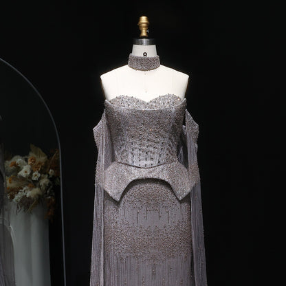 Stunning Gold Crystal Off Shoulder Evening Dress with Cape Sleeves