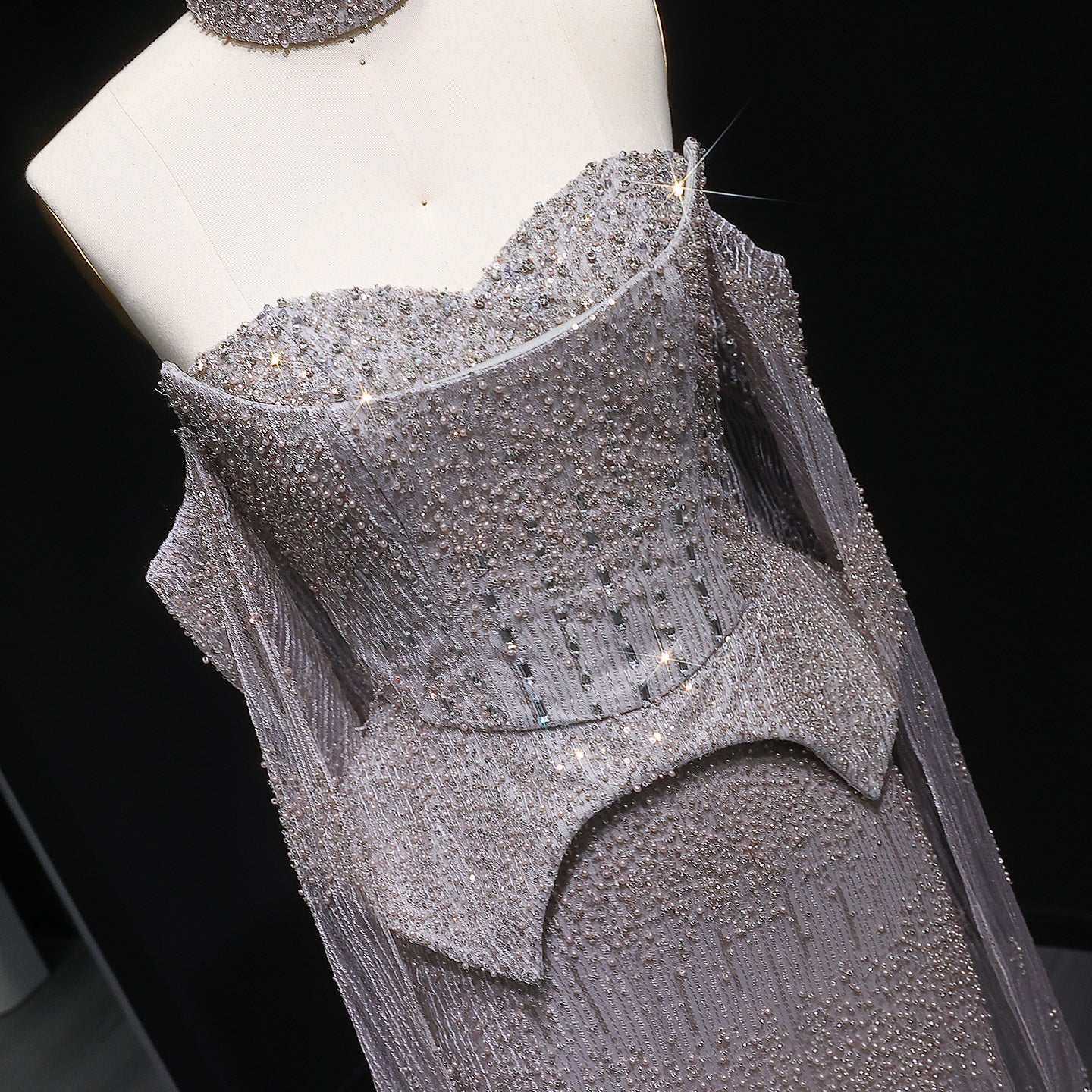 Stunning Gold Crystal Off Shoulder Evening Dress with Cape Sleeves