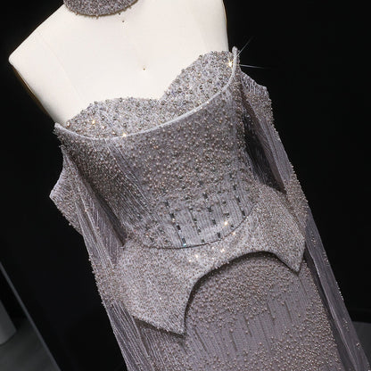 Stunning Gold Crystal Off Shoulder Evening Dress with Cape Sleeves