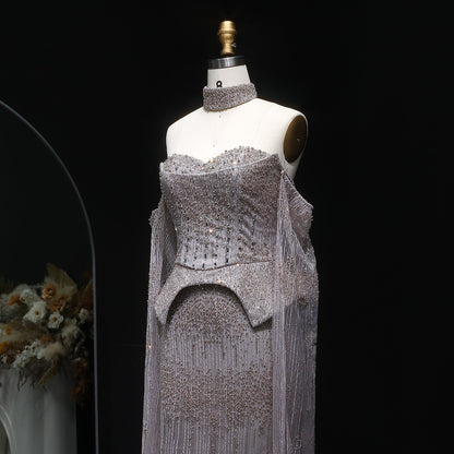 Stunning Gold Crystal Off Shoulder Evening Dress with Cape Sleeves