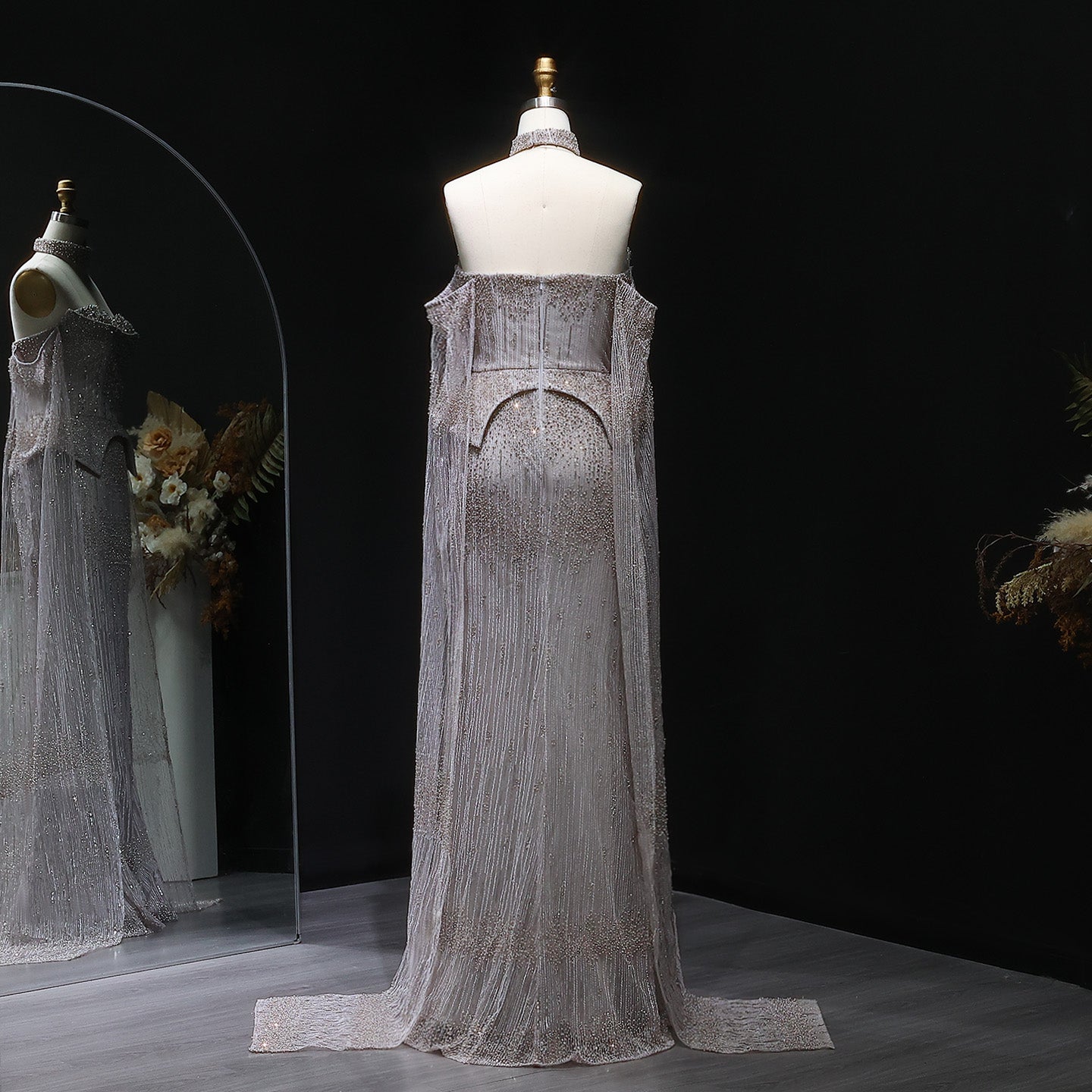 Stunning Gold Crystal Off Shoulder Evening Dress with Cape Sleeves