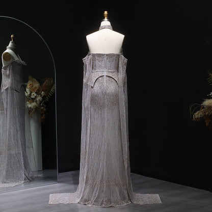 Stunning Gold Crystal Off Shoulder Evening Dress with Cape Sleeves