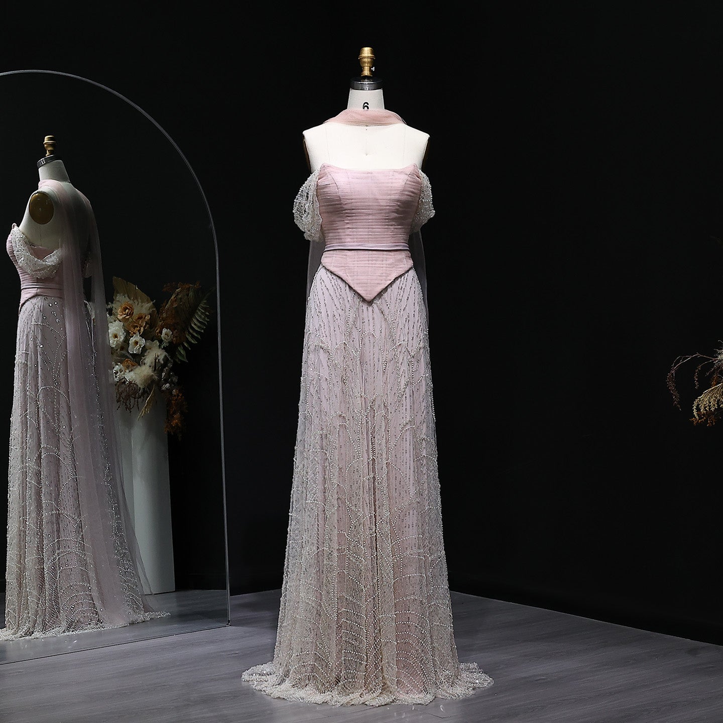 Romantic Beaded Pink Off Shoulder Evening Dress with Scarf