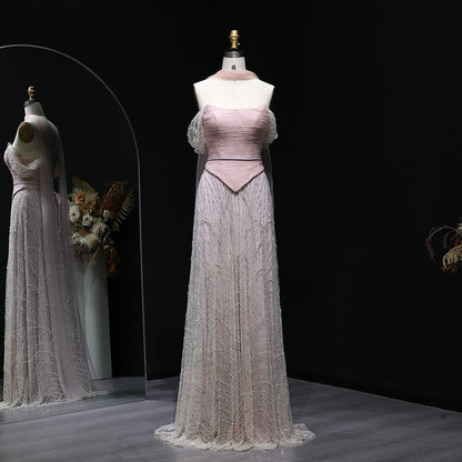 Romantic Beaded Pink Off Shoulder Evening Dress with Scarf