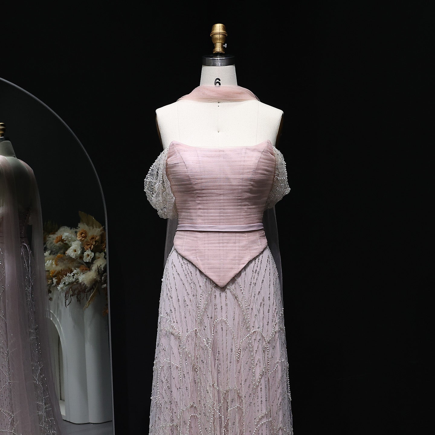 Romantic Beaded Pink Off Shoulder Evening Dress with Scarf