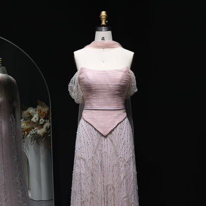 Romantic Beaded Pink Off Shoulder Evening Dress with Scarf