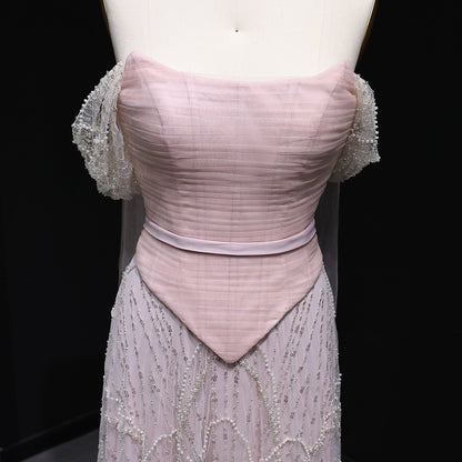 Romantic Beaded Pink Off Shoulder Evening Dress with Scarf