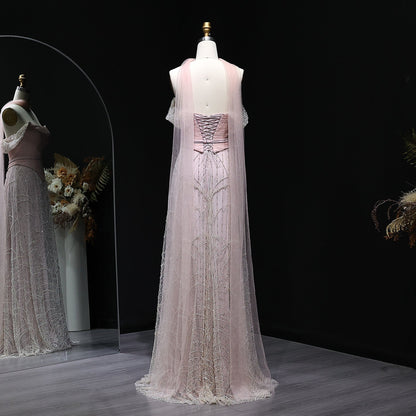 Romantic Beaded Pink Off Shoulder Evening Dress with Scarf