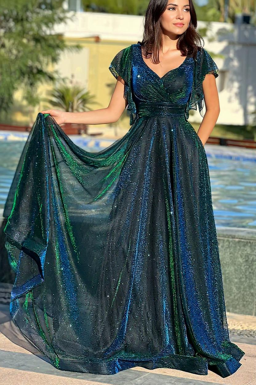Glitter Tulle A-Line Prom Dress with V-Neck & Flutter Sleeves