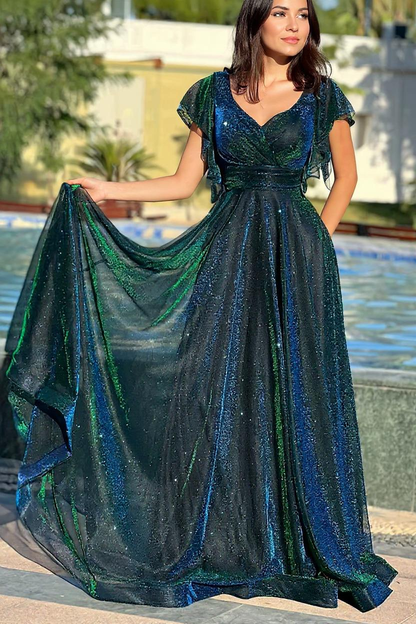 Glitter Tulle A-Line Prom Dress with V-Neck & Flutter Sleeves
