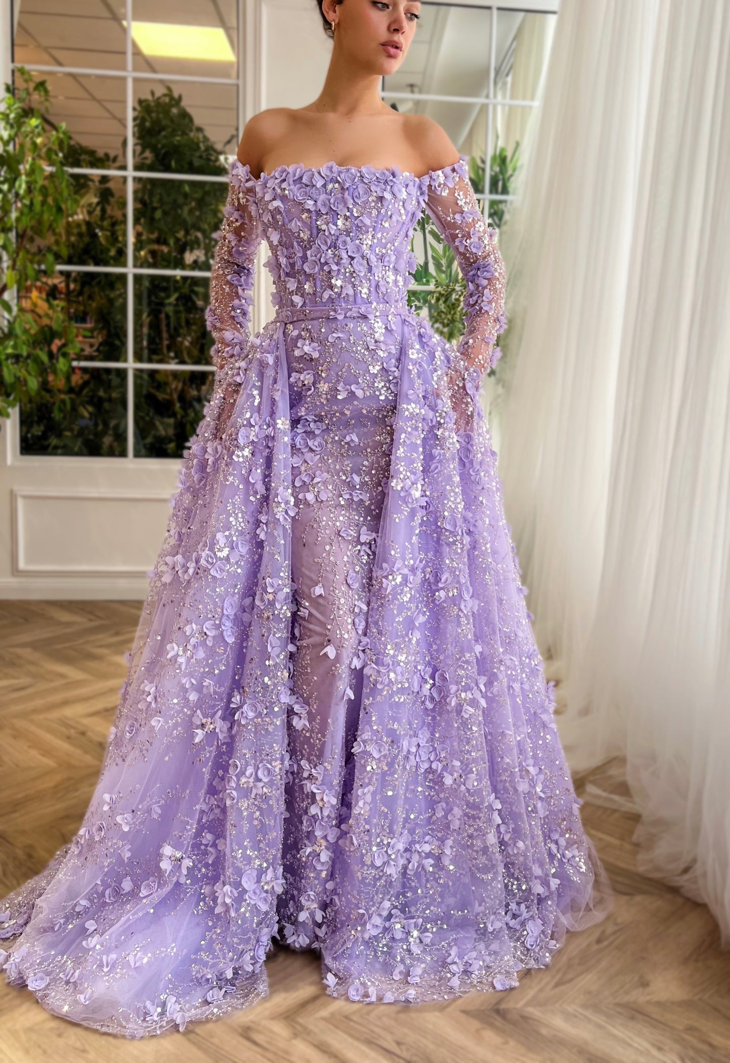 Elegant 3D Flowers Pink Evening Dress with Overskirt