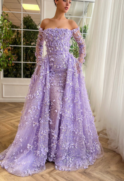 Elegant 3D Flowers Pink Evening Dress with Overskirt