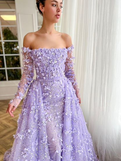 Elegant 3D Flowers Pink Evening Dress with Overskirt