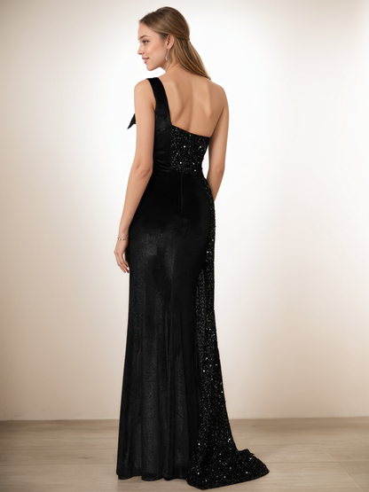 One Shoulder Velvet Prom Dress with Sequin Drape & Thigh Split