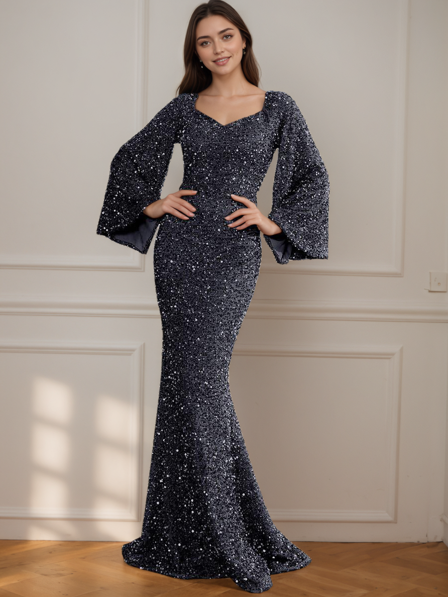 Long Sleeve Sequin V-Neck Mermaid Formal Dress