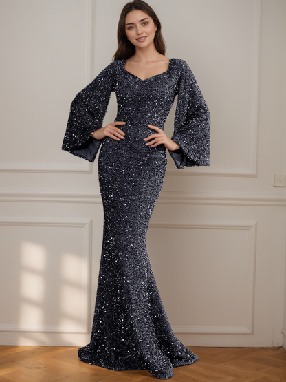 Long Sleeve Sequin V-Neck Mermaid Formal Dress