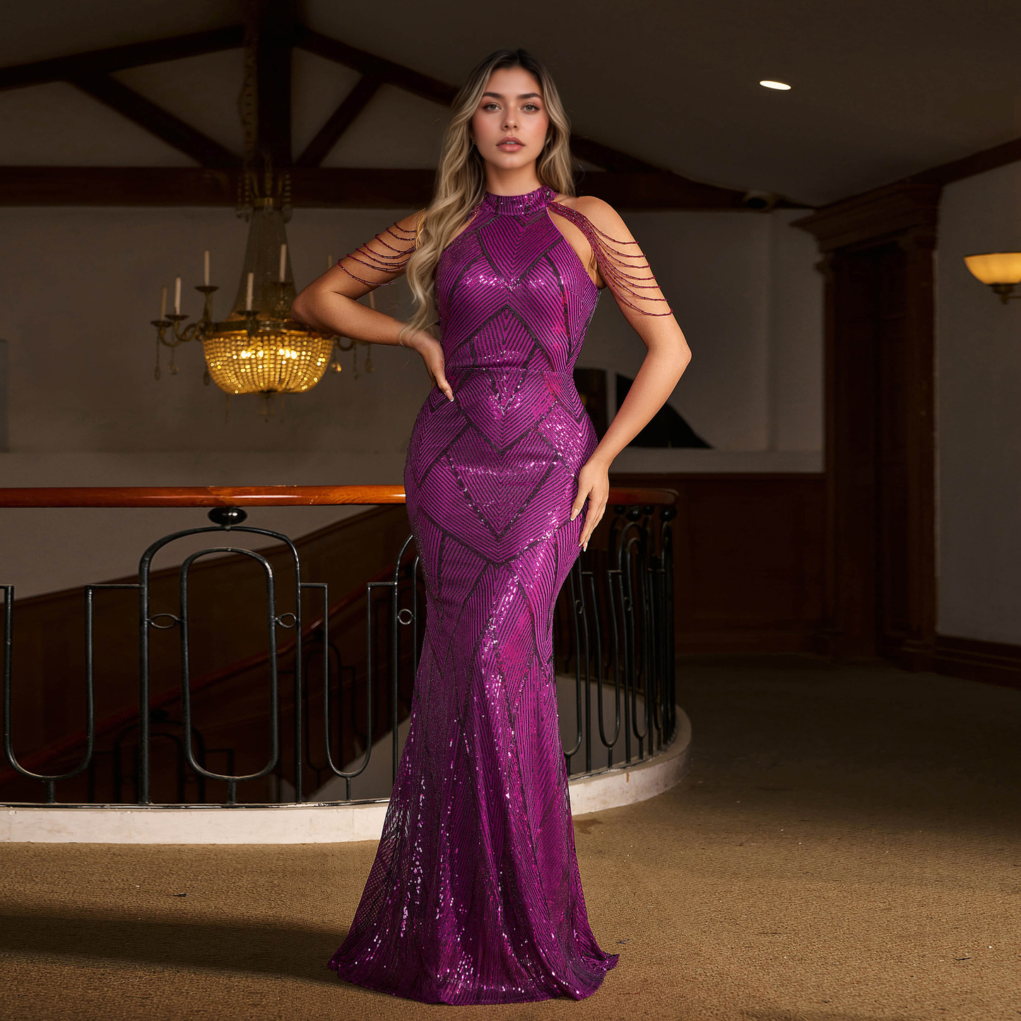 Sleeveless Mermaid Gown with Sequin & Beaded Shoulders