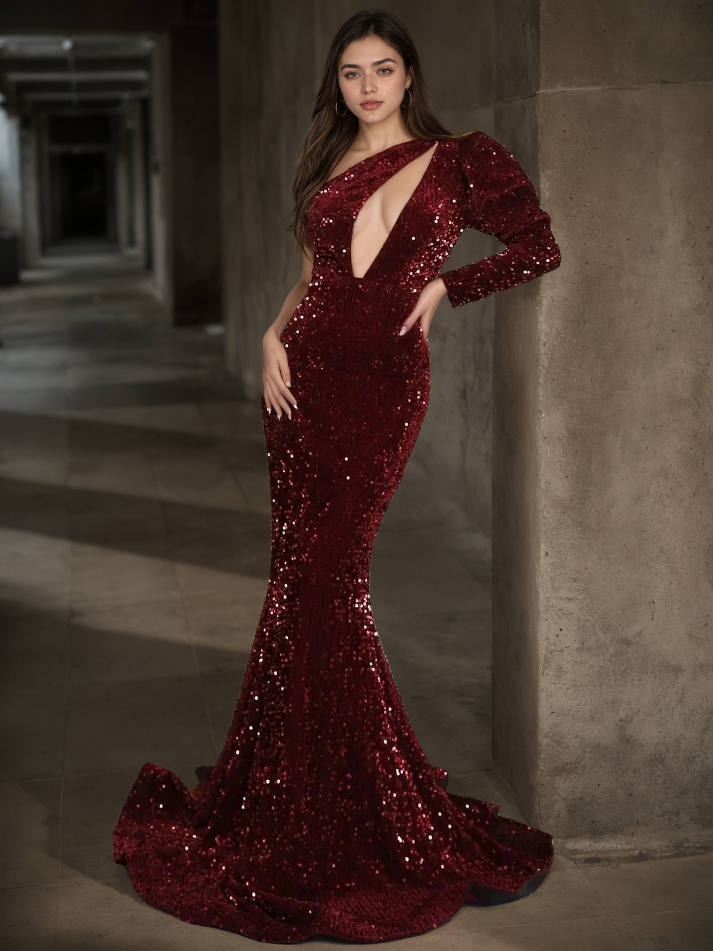 One Shoulder Sequin Mermaid Prom Dress with Statement Puff Sleeve
