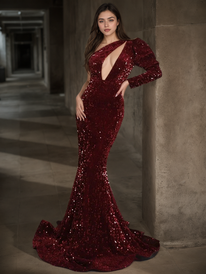One Shoulder Sequin Mermaid Prom Dress with Statement Puff Sleeve