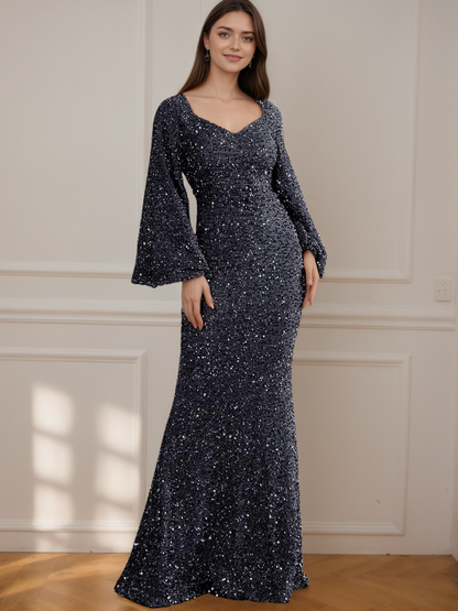 Long Sleeve Sequin V-Neck Mermaid Formal Dress