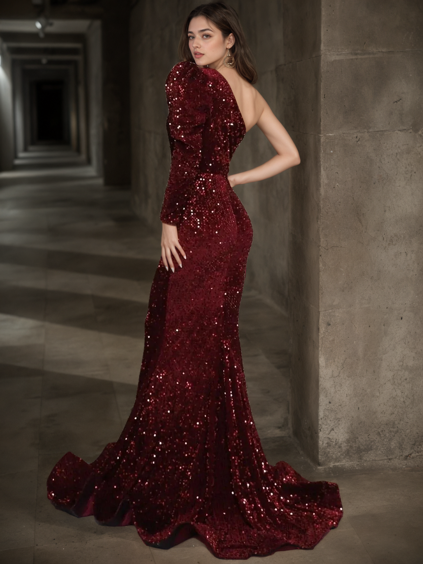 One Shoulder Sequin Mermaid Prom Dress with Statement Puff Sleeve