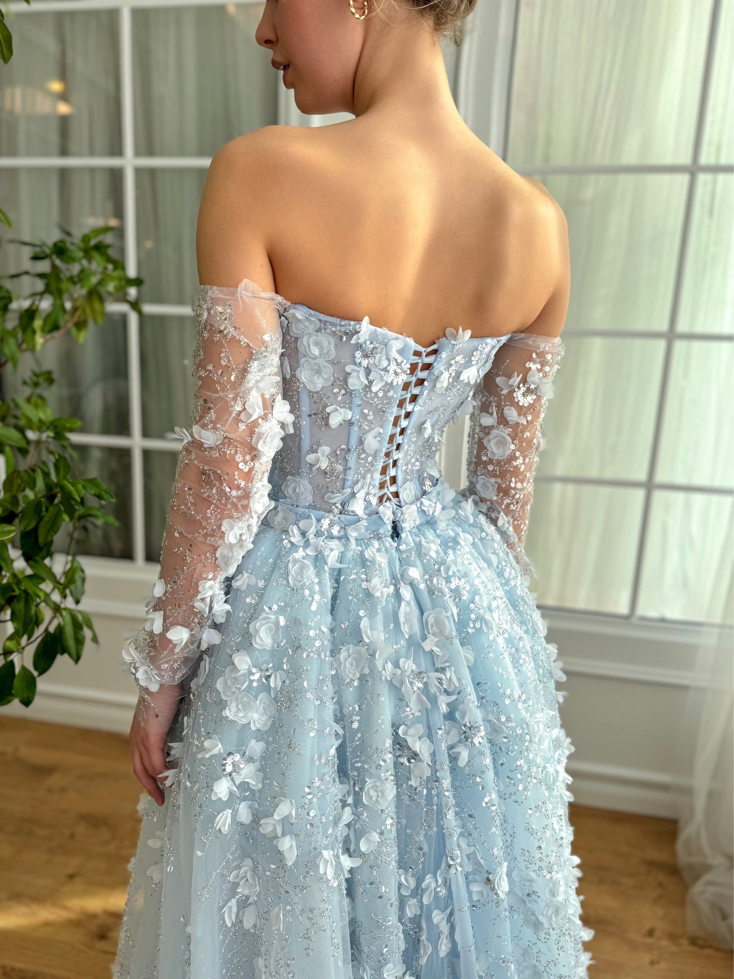 Elegant 3D Flowers Pink Evening Dress with Overskirt