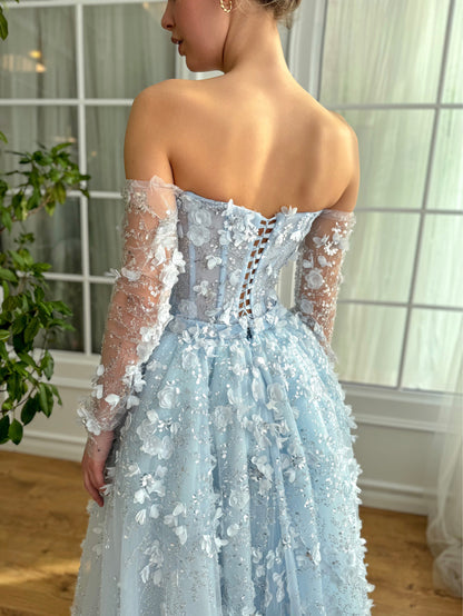 Elegant 3D Flowers Pink Evening Dress with Overskirt