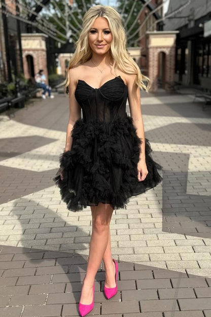 Black Short Tulle Homecoming Dress With Ruffle