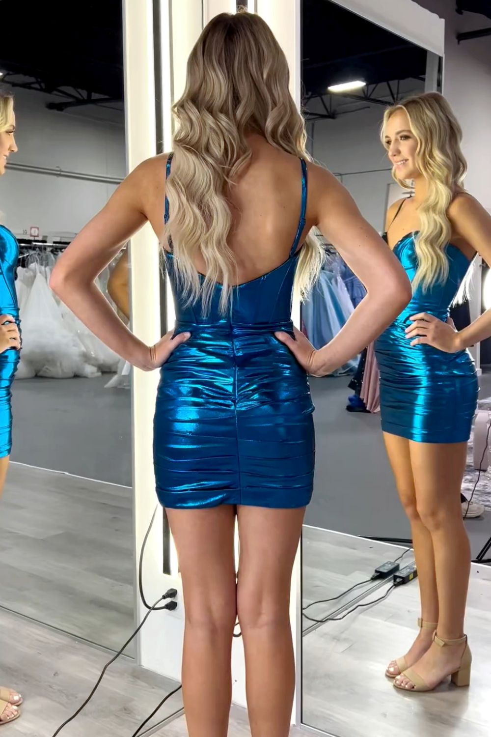 Blue Short Metallic Homecoming Dress with Pleating