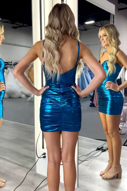 Blue Short Metallic Homecoming Dress with Pleating