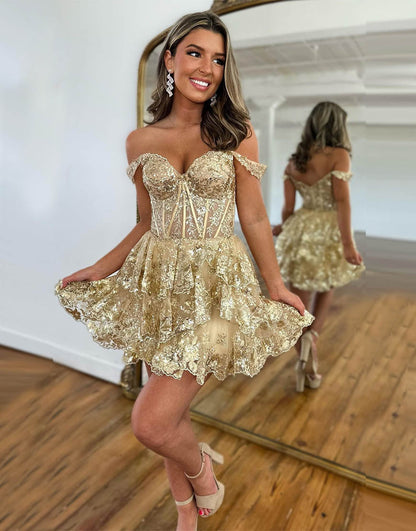 Stunning Tiered Glitter Homecoming Dress With Appliques