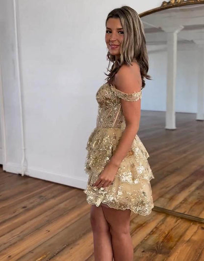 Stunning Tiered Glitter Homecoming Dress With Appliques