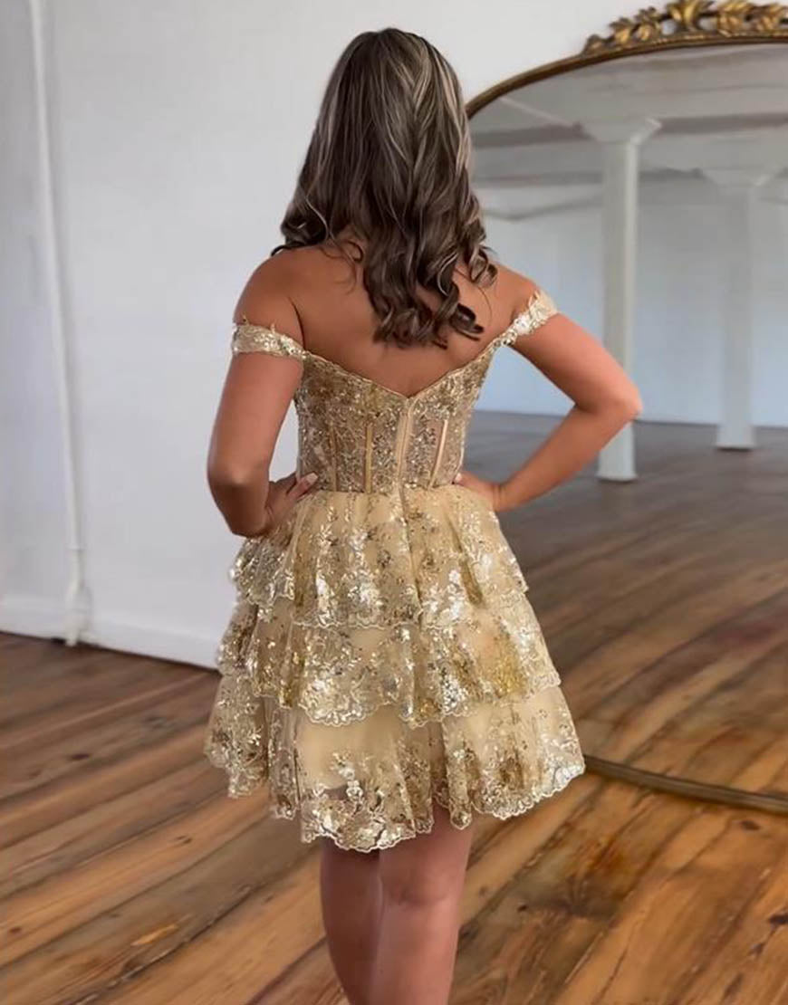 Stunning Tiered Glitter Homecoming Dress With Appliques
