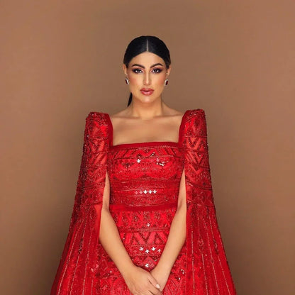 فستان سهرة فاخر باللون الأحمر النبيذي بأكمام كاب