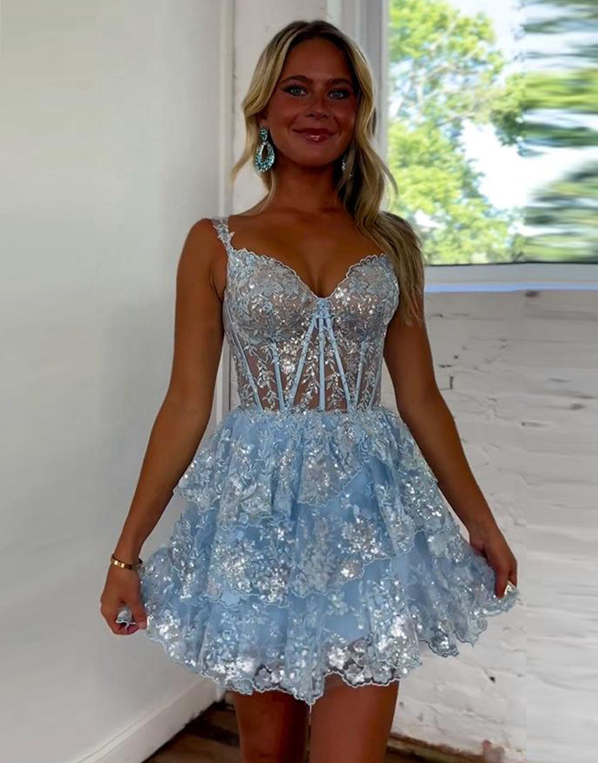 Stunning Tiered Glitter Homecoming Dress With Appliques