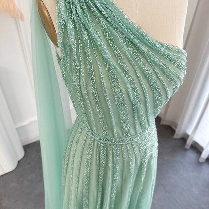 For Sale Luxury Yellow One Shoulder Evening Dress with Cape