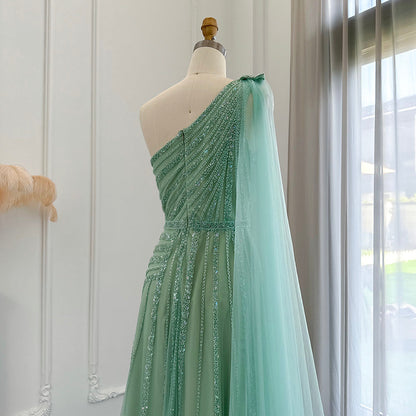 For Sale Luxury Yellow One Shoulder Evening Dress with Cape
