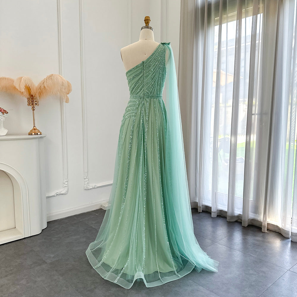 For Sale Luxury Yellow One Shoulder Evening Dress with Cape