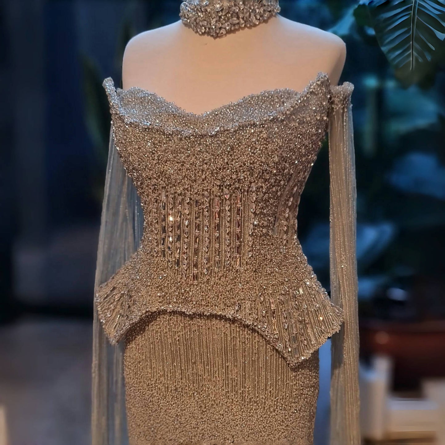 Stunning Gold Crystal Off Shoulder Evening Dress with Cape Sleeves
