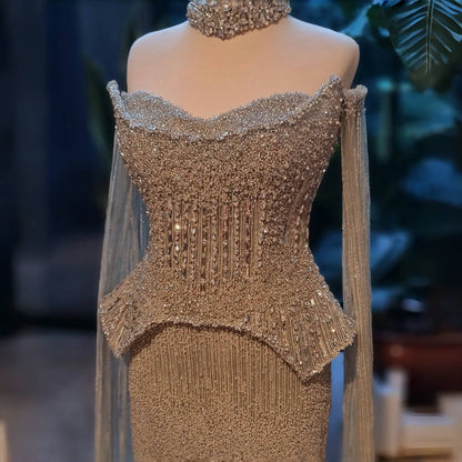 Stunning Gold Crystal Off Shoulder Evening Dress with Cape Sleeves