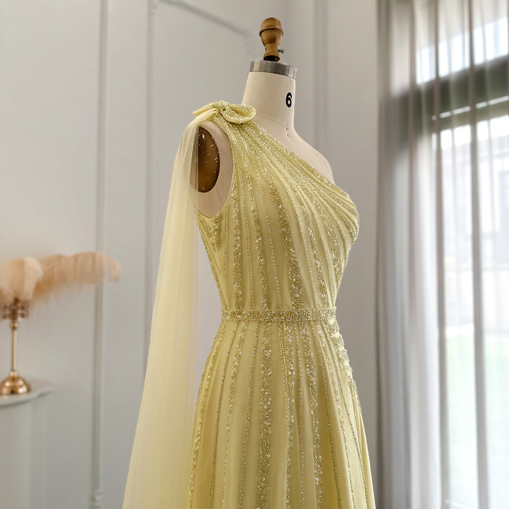 For Sale Luxury Yellow One Shoulder Evening Dress with Cape