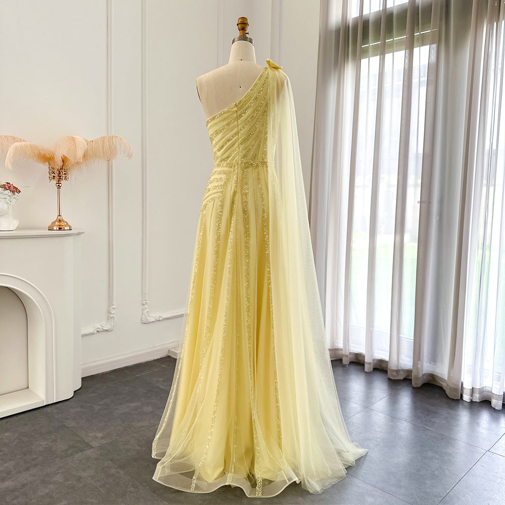 For Sale Luxury Yellow One Shoulder Evening Dress with Cape