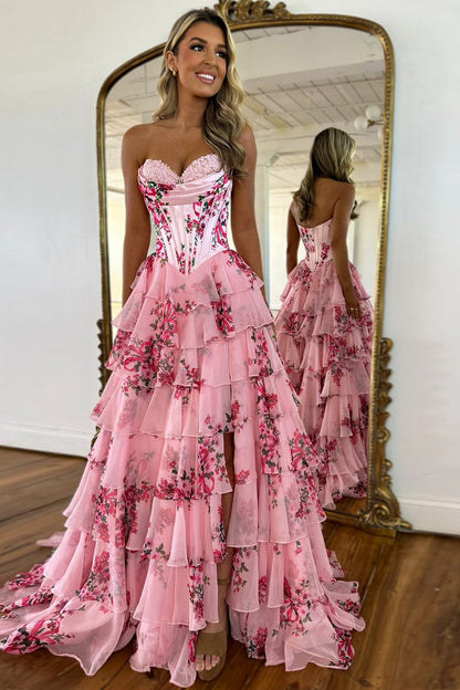 Romantic Long Print Tulle Prom Dress with Slit