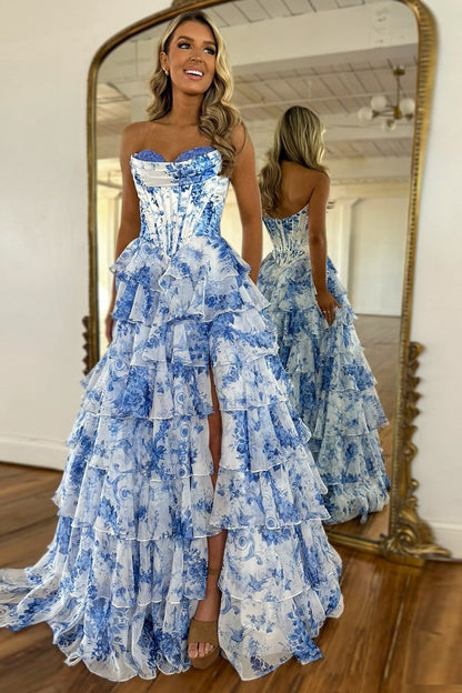 Romantic Long Print Tulle Prom Dress with Slit