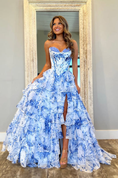 Romantic Long Print Tulle Prom Dress with Slit